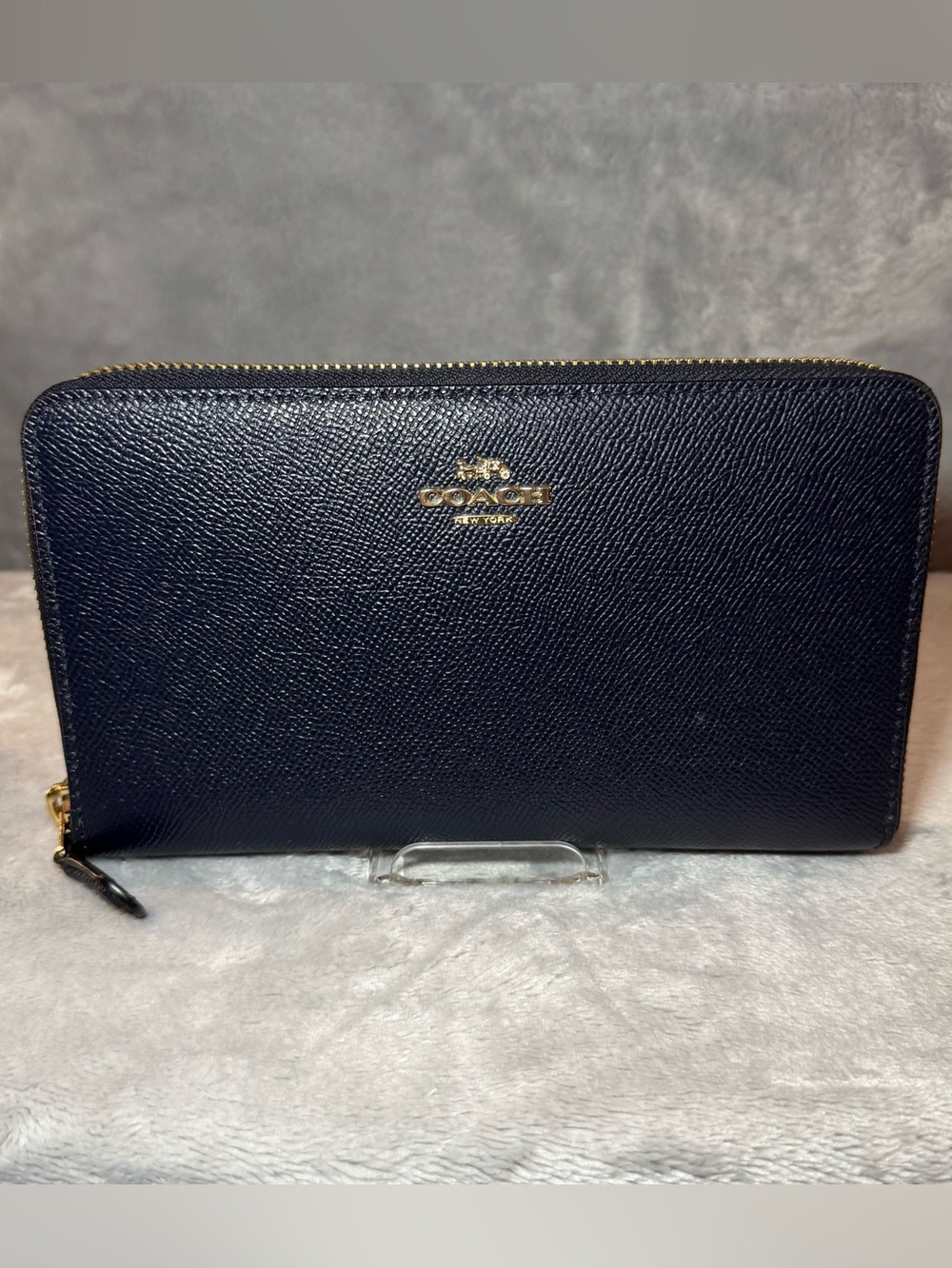 Coach Navy Leather Zip-Around Wallet with Gold Logo
